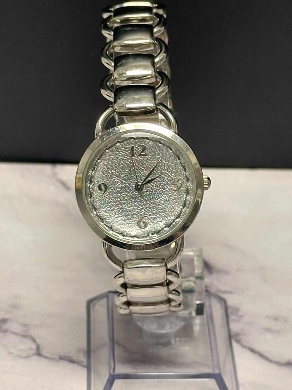 3/$30 Womens Watch Silver Metallic Foil Dial Linked Metal Bracelet Band 8.25"